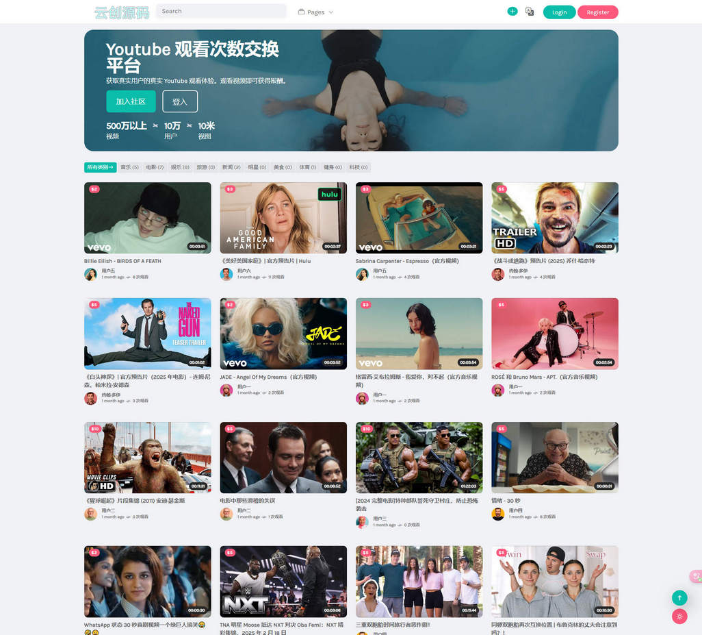 全开源Yutube油管视频浏览数交易平台源码/看视频赚钱