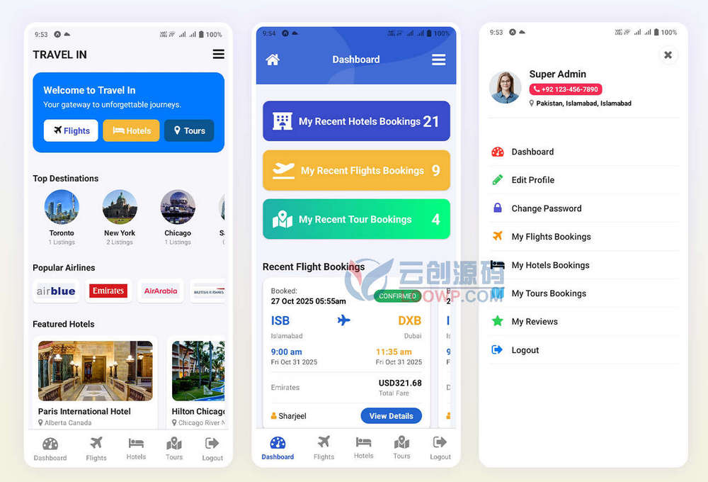React Native旅游预订系统APP源码/航班订票/酒店预订(Web+App)