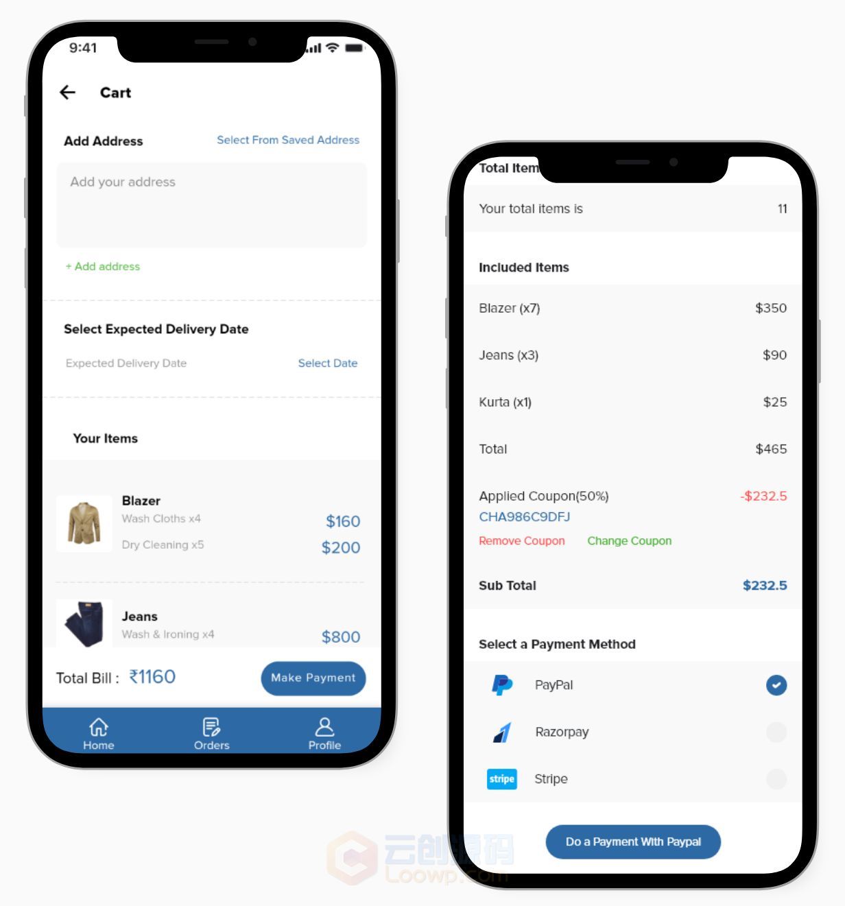 【looCloth v1.0.1】干洗店洗衣服务Android+IOS双端应用APP源码 洗衣服务预约Ionic 5完整解决方案