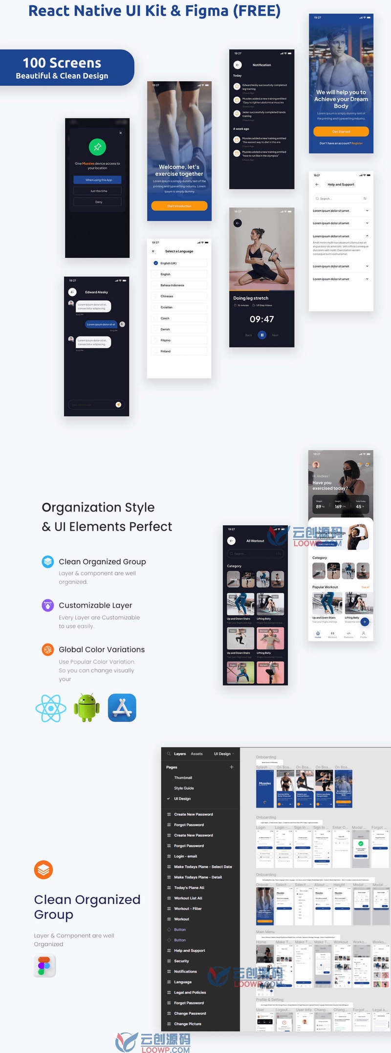 Mussles含100屏瑜伽健身锻炼React Native手机APP端UI模板 带Figma文件