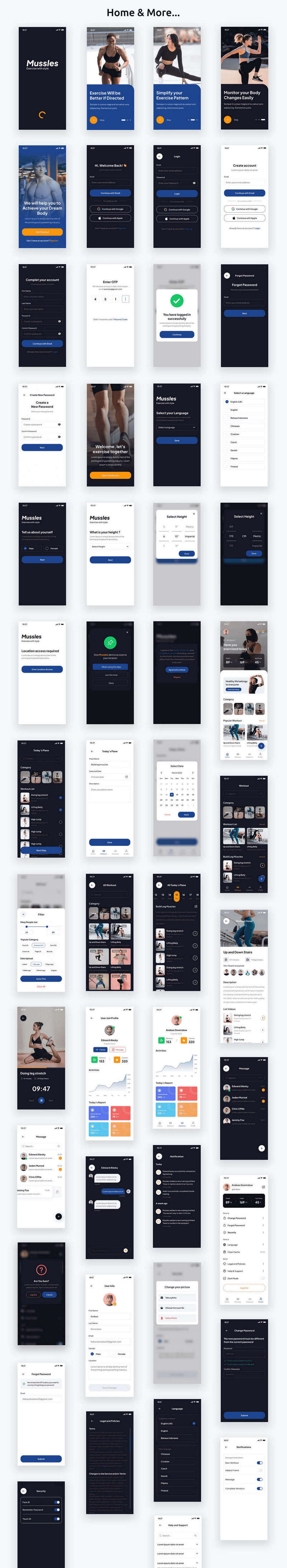 Mussles含100屏瑜伽健身锻炼React Native手机APP端UI模板 带Figma文件