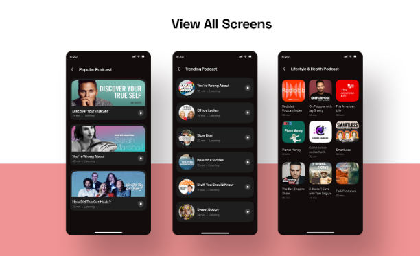 PodPlayer播客播放器&音乐流Flutter手机应用UI源码 仅UI模板无后端