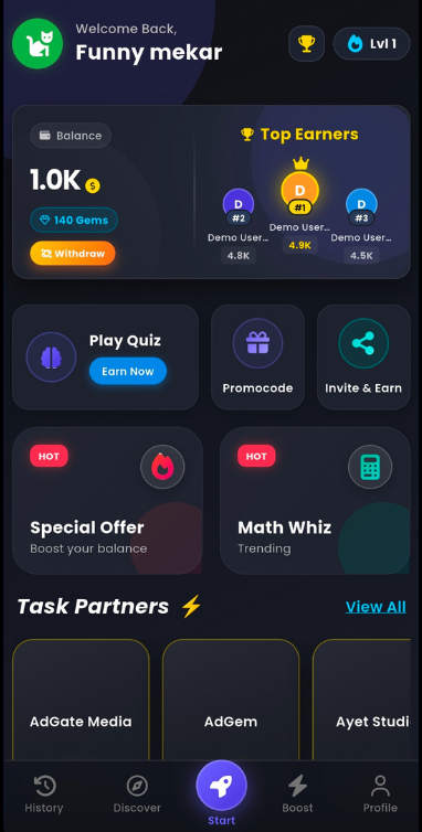 Flutter游戏试玩看广告做任务赚钱APP源码(带PHP后端)